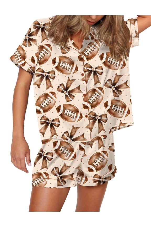 Loungewear Set for Women Rugby-Print Button Down Short Sleeve and Shorts Pajamas Sets