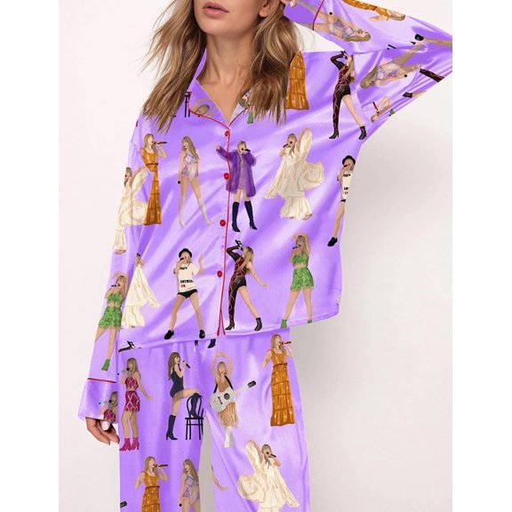 Music Life Silky Pajamas for Women Long Sleeve Matching Pajama Set 2 Pieces Nightwear with Side Pockets Lavender S