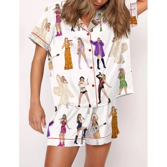 Music Life Silky Pajamas for Women Short Sleeve Matching Pajama Set 2 Pieces Nightwear with Side Pockets White L