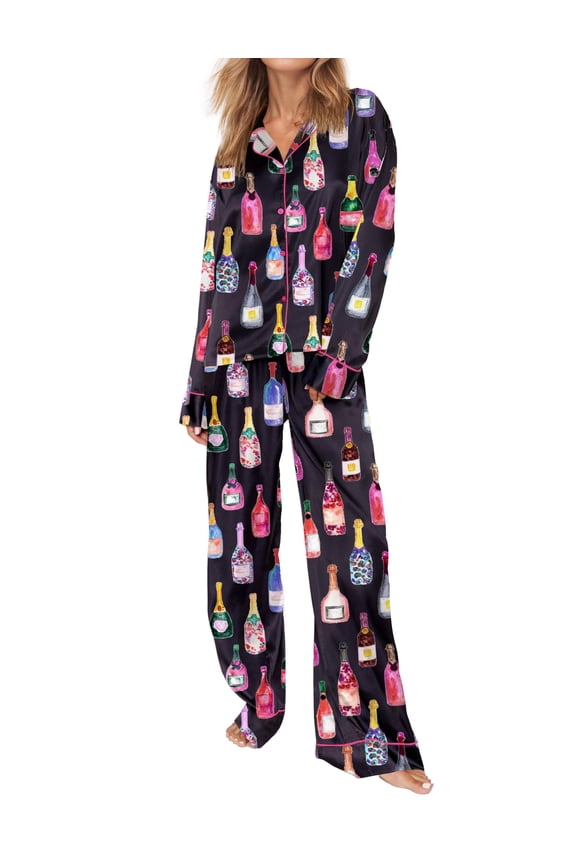Pajamas for Women Set Funny Graphic Long Sleeve Pjs Champagne Bottle Pajamas Set