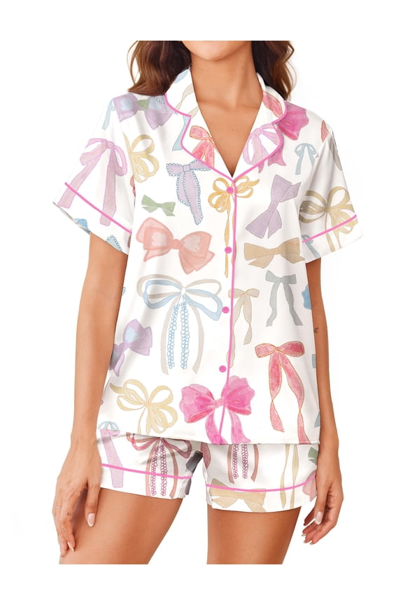 Satin Pajama Set for Women Cute Print Button Down Sleepwear 2 Piece Pjs Shorts Set with Pockets