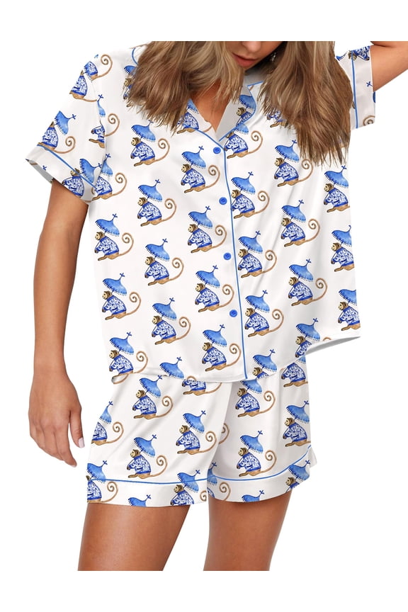 Satin Pajamas for Women Set Preppy Monkey Pjs Short Sleeve Shorts 2 Piece Womens Loungewear Sets