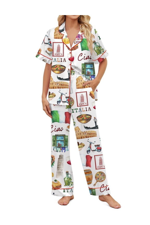 Satin Pajamas for Women Short Sleeve Button Down Sleepwear 2PCS Italy Travel Womens Pjs Set with Pocket