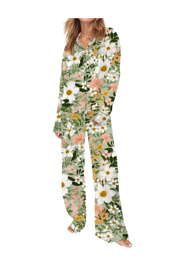 Silk Pajamas for Women Long Sleeve Button Down Sleepwear Loungewear Floral Print Pajamas Womens Pjs Sets