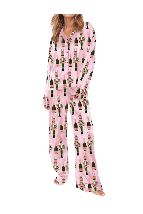 Women Pajamas Sets Long Sleeve Button Down Shirt And Pajama Pants Plus Size Pjs Bucket Nutcracker Print Pj Set
