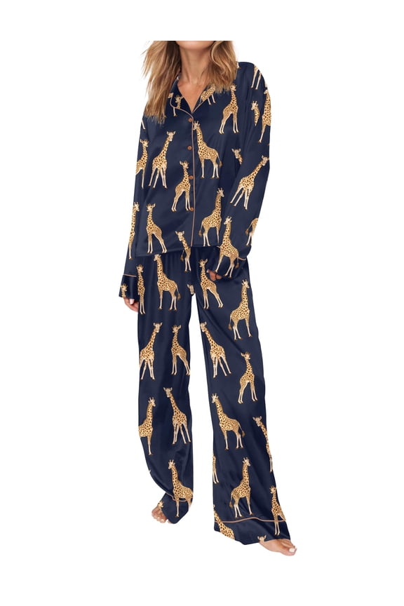 Womens Funny Satin Pajama Set Long Sleeve Button Up Pj Set Animal Print Pajamas 2PCS Sleepwear for Women
