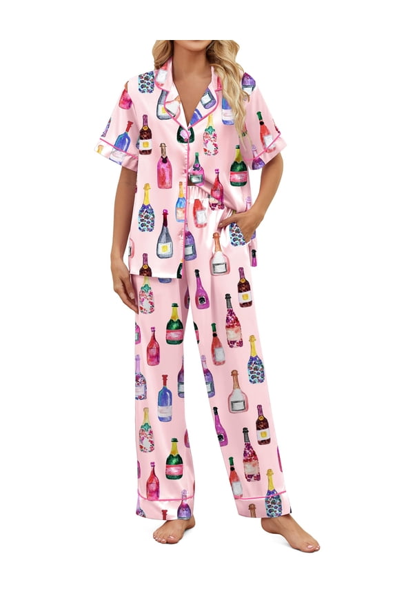 Womens Pajama Sets Short Sleeve Long Pants 2 Piece Satin Pjs Print Pajamas for Women Set Size XS-XXL