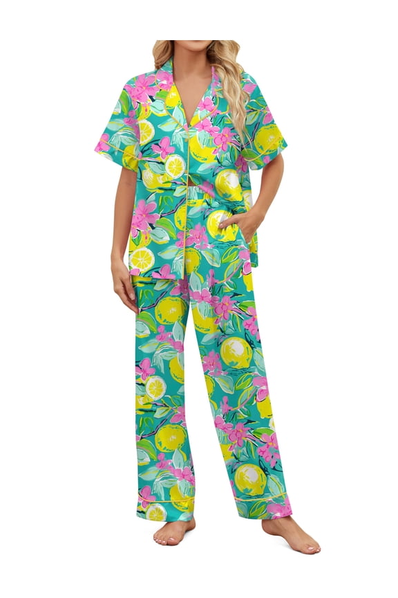 Womens Pajama Sets Short Sleeve Long Pants 2 Piece Satin Pjs Print Pajamas for Women Set Size XS-XXL