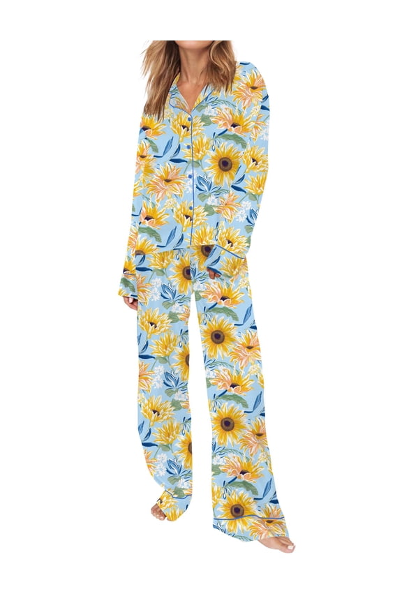 Womens Pajamas Button Down Short Sleeve Shorts 2 Piece Loungewear Sets Flower Print Size XS-XXL