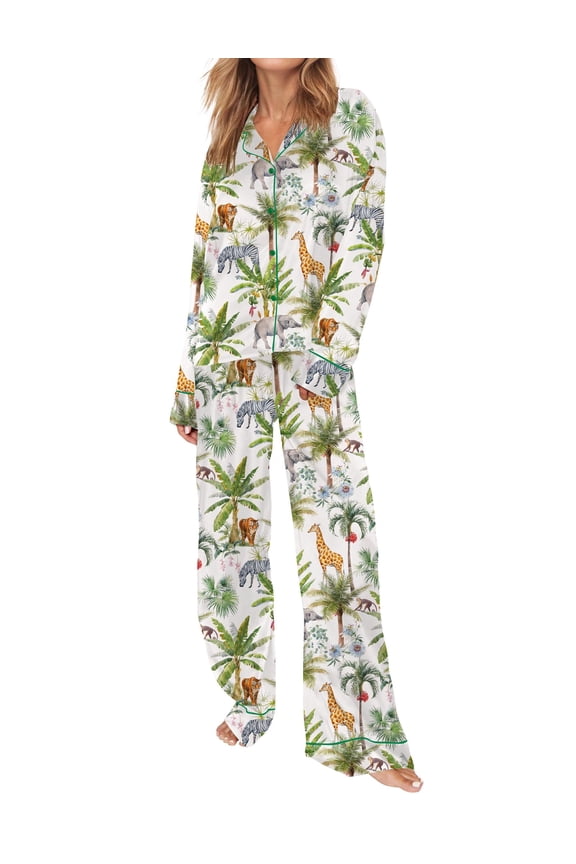 Womens Pajamas Long Sleeve Button Down Pjs Sets Animal Pajamas Sets 2 Piece Silk Pajamas for Women