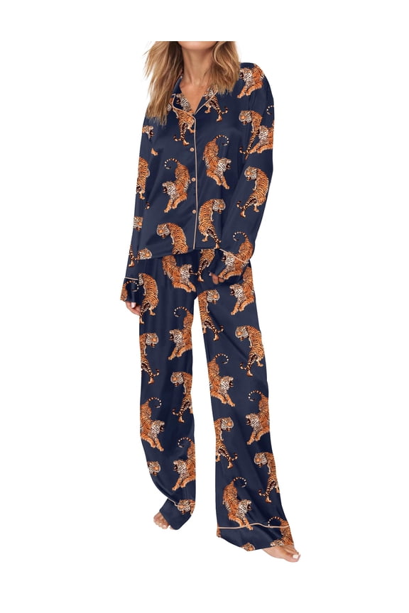 Womens Pajamas Long Sleeve Button Down Sleepwear 2 Piece Loungewear Tiger Print Pjs Sets for Women