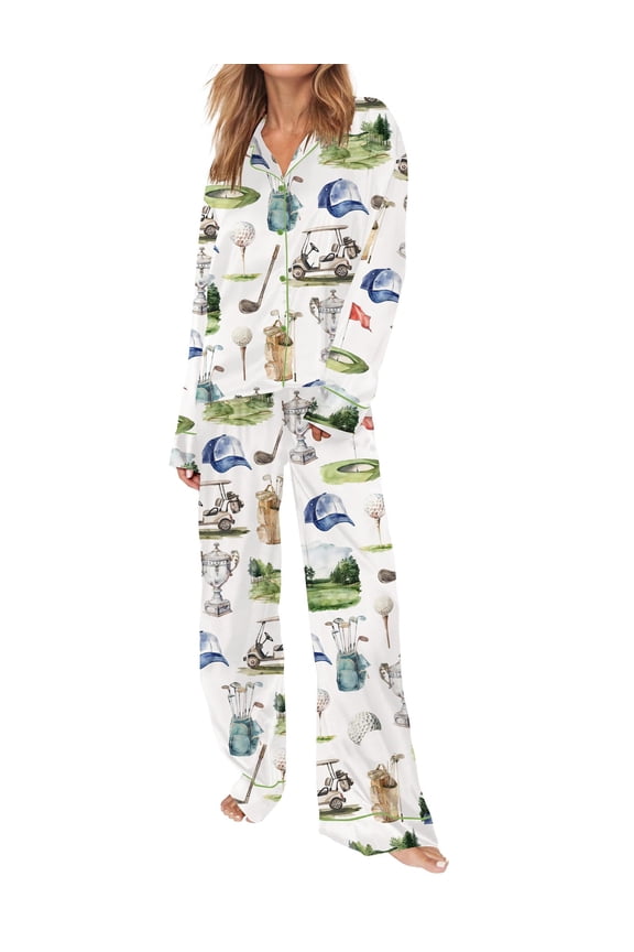 Womens Pajamas Set Button Up Pajamas for Women Long Sleeve Sleepwear Golf Print Womens Pjs Sets