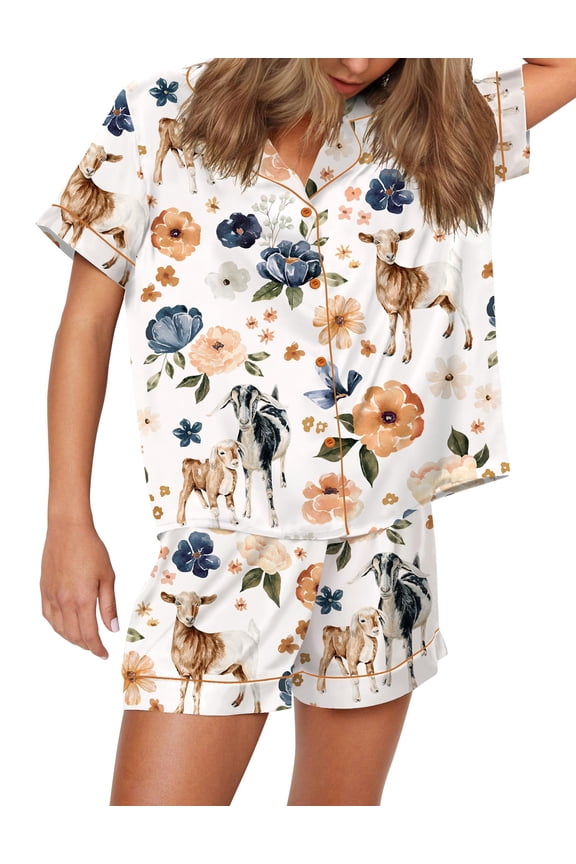 Womens Pajamas Set Goat Farm Floral Button Down Short Sleeve and Shorts 2 Piece Loungewear Sets