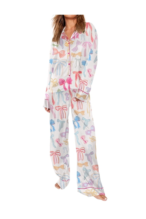 Womens Pajamas Set Long Sleeve Button Down Loungewear Pjs Sets for Womens Sleepwear Bow-Knot Print Pajamas