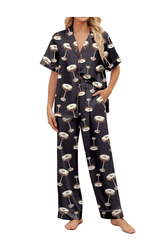 Womens Satin Pajama Set 2 Piece Button Up Short Sleeve Martini Pajamas for Women Cute Pjs