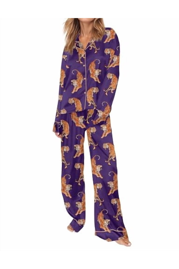 Womens Silk Satin Pajama Set for Women Long Sleeve Button Down Sleepwear 2 Piece Animal Print Pjs for Womens Pajamas