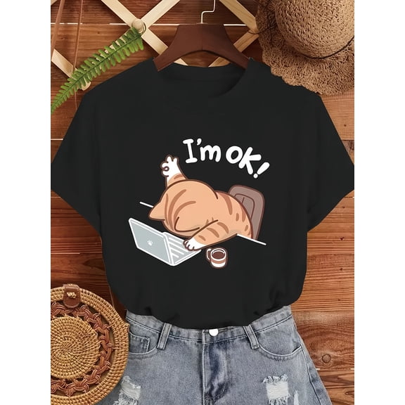 SHESIINN Fashionable "I'm Fine" Cat Print T-Shirt for Women, Casual Round Neck Short Sleeve Tee, Machine Washable, Perfect Choice for Spring and Summer