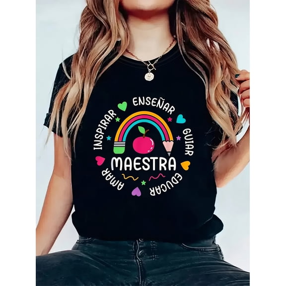 SHESIINN Graphic Print T-Shirt, Short Sleeve Crew Neck Casual Top for Summer & Spring, Women'S Clothing