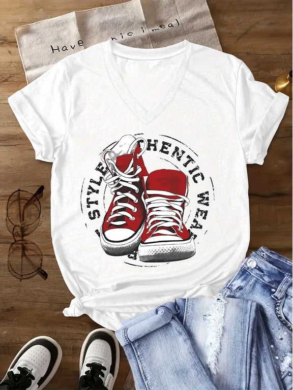 Graphic Print T-shirt, Short Sleeve V Neck Casual Top for Summer & Spring, Women's Clothing