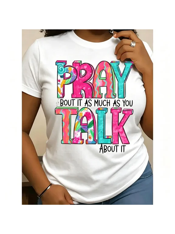 Letter Pattern Printed Fashionable Women'S T-Shirt - Comfortable And Easy Round Neck Suitable for Spring And Summer, Elegant And Casual Top, 100% Pure Top, Elegant Party Must-Have for Summer