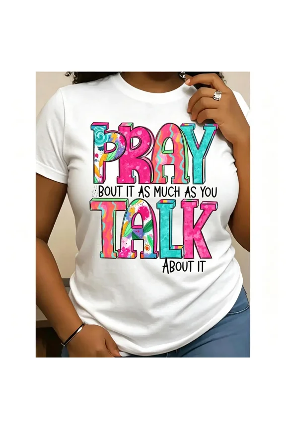 Letter Pattern Printed Fashionable Women'S T-Shirt - Comfortable And Easy Round Neck Suitable for Spring And Summer, Elegant And Casual Top, 100% Pure Top, Elegant Party Must-Have for Summer