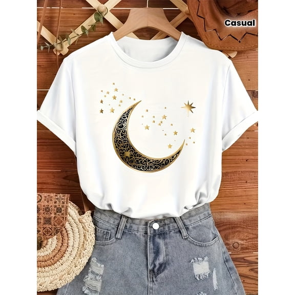 SHESIINN Moon Print Round Neck T-Shirt, Spring Summer Casual Short Sleeve Top, Women'S Clothing