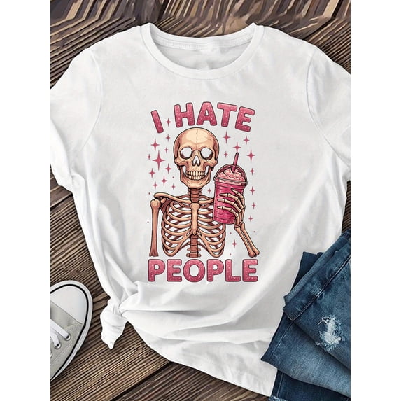 SHESIINN Pink Skull-Themed Pattern Printed Round Neck Women’s Short Sleeve Casual T-Shirt for Spring Summer