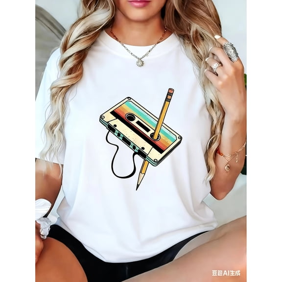 SHESIINN Retro 80s 90s Tape Print T-Shirt | Casual Crew Neck, Geometric Pattern, Regular Fit, Suitable for All Seasons