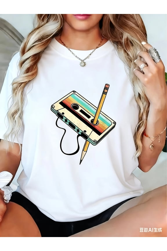 Retro 80s 90s Tape Print T-Shirt | Casual Crew Neck, Geometric Pattern, Regular Fit, Suitable for All Seasons