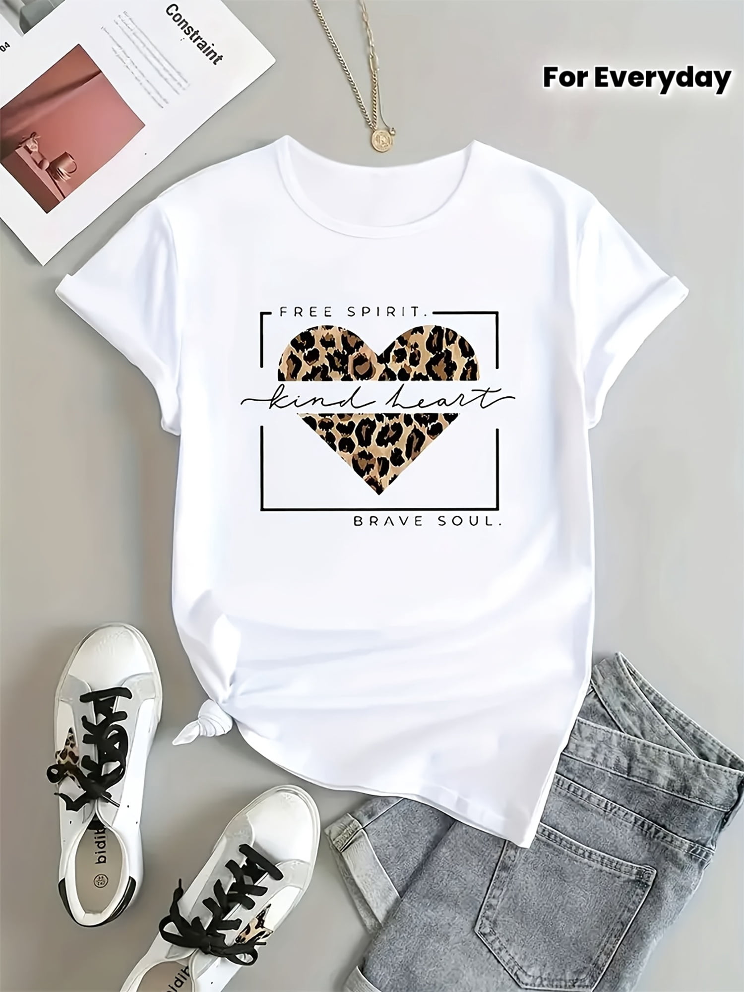SHESIINN Women‘s Inspirational Quote Bold Leopard Print Soft Round Neck ...