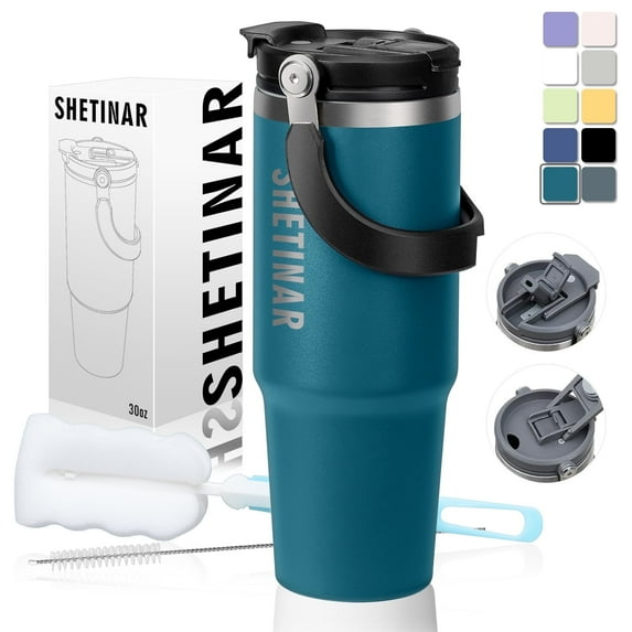 SHETINAR 30 oz Stainless Steel Coffee Tea Thermos Cup, Travel Water Bottle Handle 2-in-1 with Straw Lid, Double Wall Insulated, Perfect for Hot and Cold Cafe Beverages,Blue