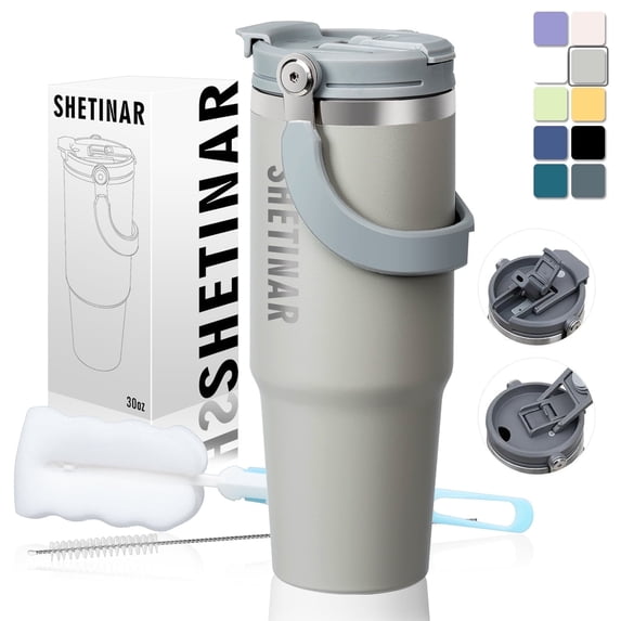 SHETINAR 30 oz Stainless Steel Coffee Tea Thermos Cup, Travel Water Bottle Handle 2-in-1 with Straw Lid, Double Wall Insulated, Perfect for Hot and Cold Cafe Drinks,Gray