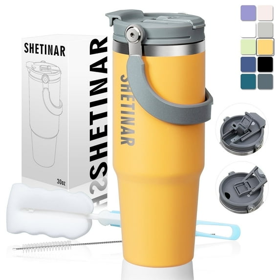SHETINAR 30 oz Stainless Steel Thermos, Travel 2-in-1 Lid and Straw, Double Wall Insulated, Spill-Proof Lid, Perfect for Hot and Cold Drinks,Yellow