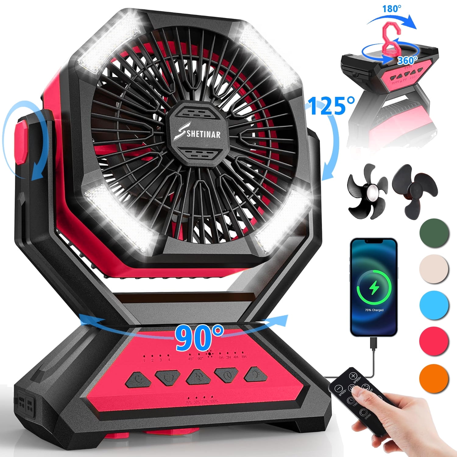 SHETINAR 20000mAh Rechargeable Fan Battery Powered Fan 4-Speed Tabletop Fan with Charging, Hooks, Timer, Portable Fan for Office,Bedroom,Outdoor,Power Outage,Hurricane,Travel.Red