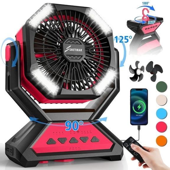 SHETINAR 20000mAh Rechargeable Fan Battery Powered Fan 4-Speed Tabletop Fan with Charging, Hooks, Timer, Portable Fan for Office,Bedroom,Outdoor,Power Outage,Hurricane,Travel.Red