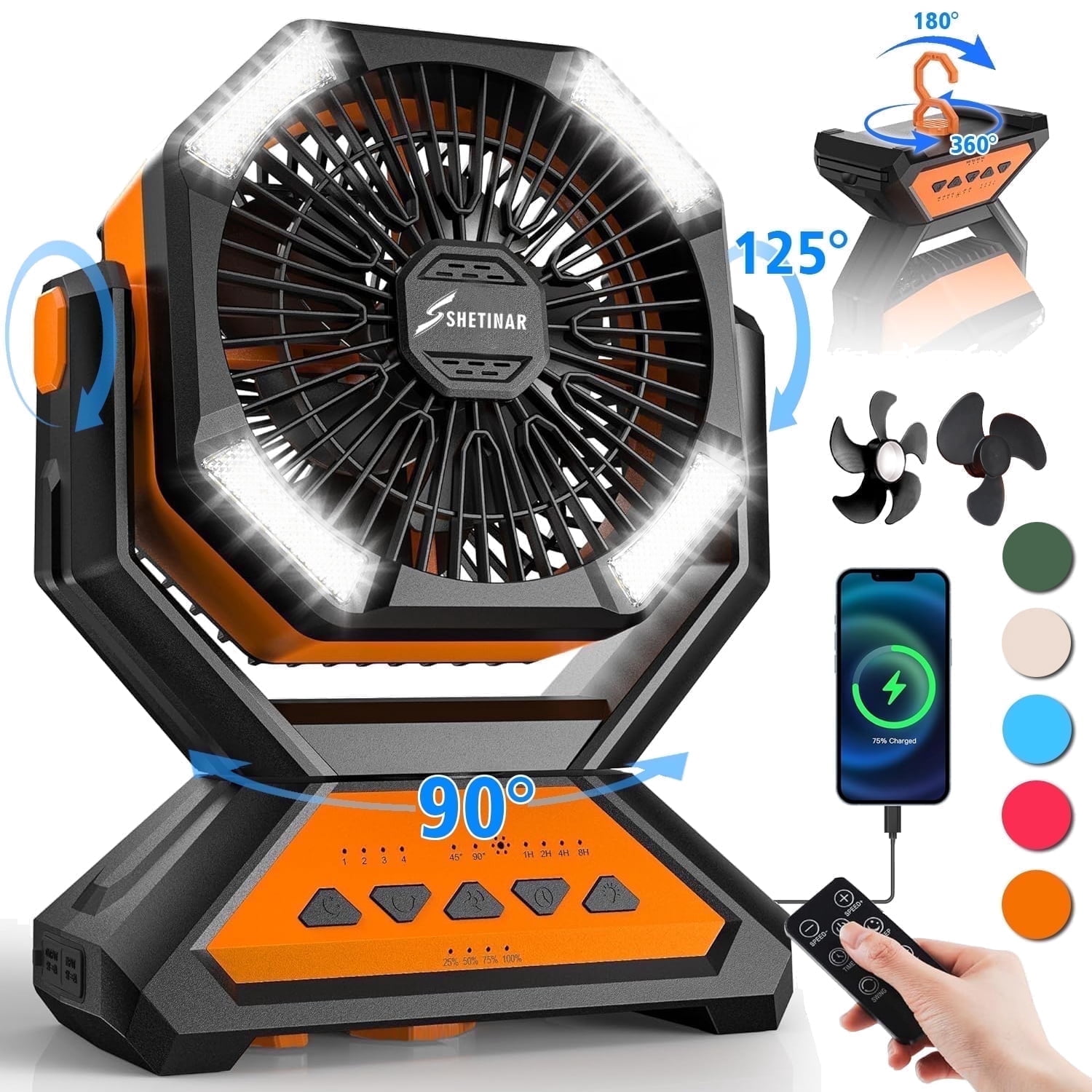 SHETINAR 20000mAh Camping Fan Battery Powered Fan 4-Speed Tabletop Fan with Charging, Hooks, Timer, Portable Fan for Office,Bedroom,Outdoor,Power Outage,Hurricane,Travel.Orange
