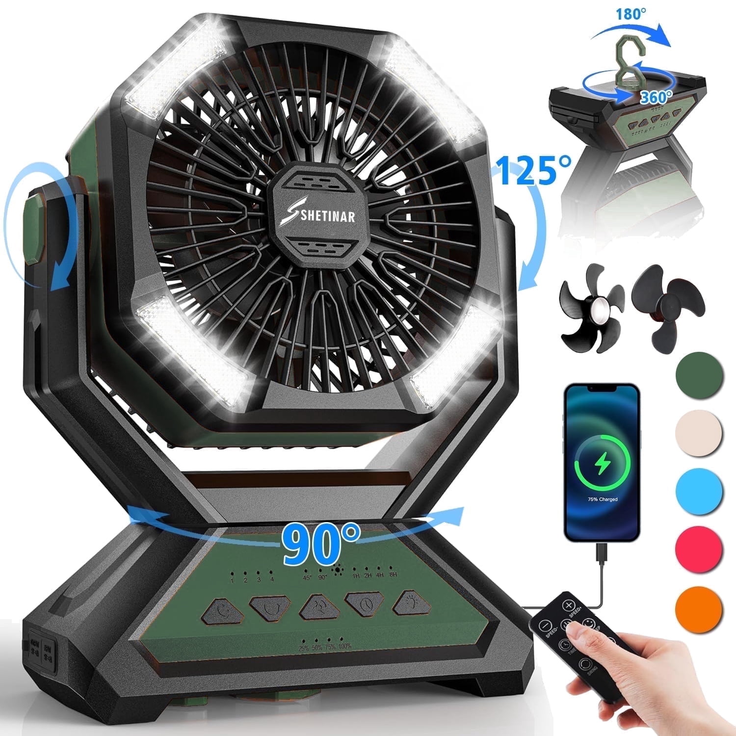 SHETINAR 20000mAh Camping Fan Battery Powered Fan 4-Speed Tabletop Fan with Charging, Hooks, Timer, Portable Fan for Office,Bedroom,Outdoor,Power Outage,Hurricane,Travel.Green