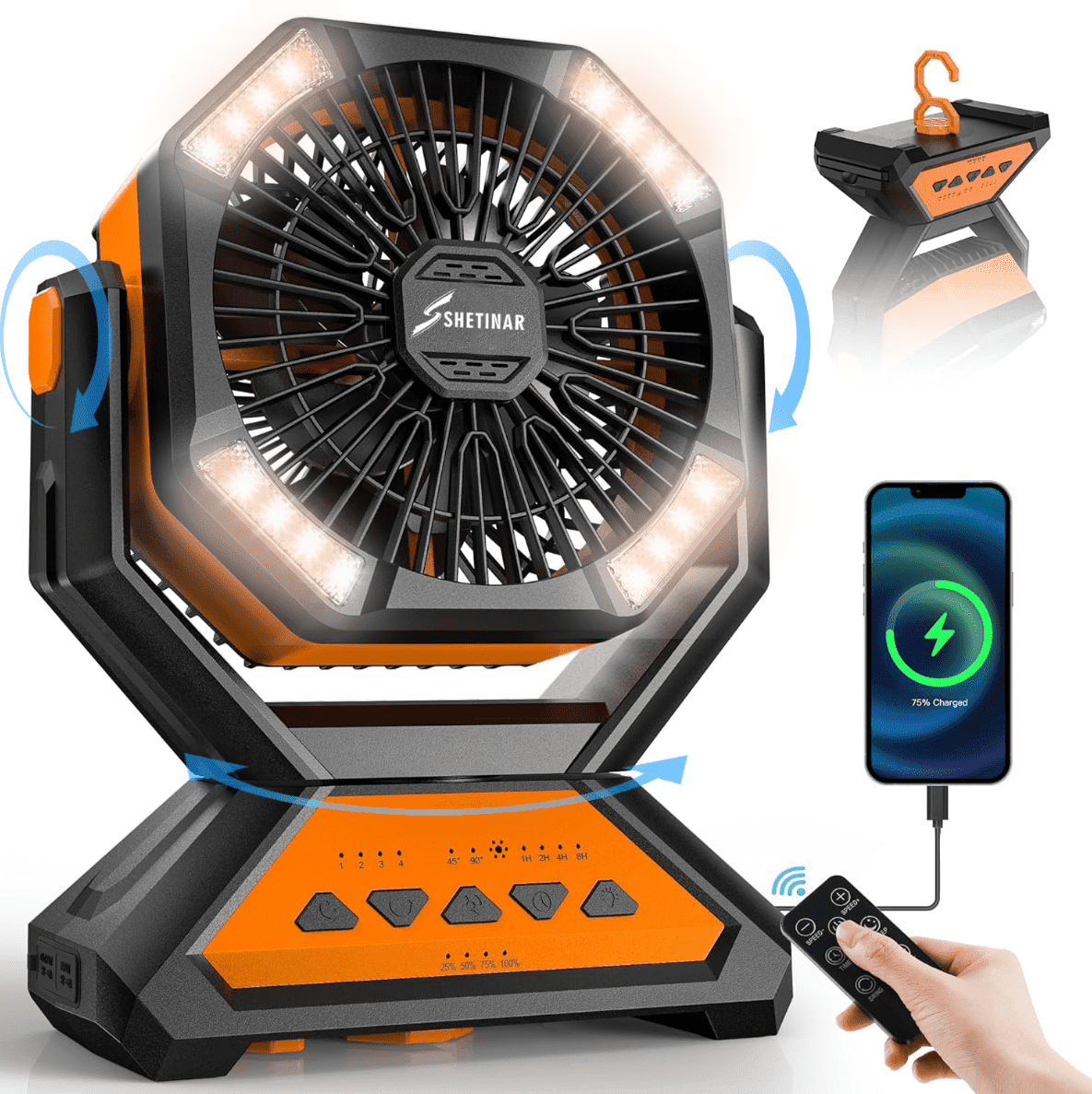 SHETINAR Camping Fan Battery Powered Fan 4 Speed Tabletop Fan with Charging Hooks Tim 20000mAh Portable Fan for Office Bedroom Outdoor Travel