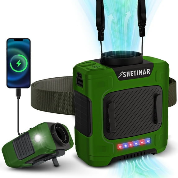 10000mAh Portable Waist Fan in Clip on Wearable Belt Personal Fan Rechargeable Battery operated With 3 Speeds & Flashlight in Neck LED SOS Light For Outdoor Camping Travel Fishing (Green)