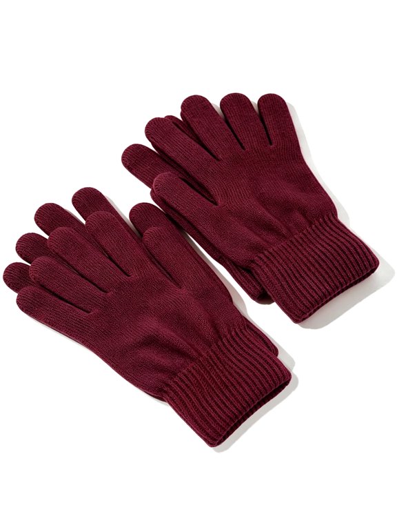 2 Pairs Maroon Winter Knit Gloves for Men Women Soft Fleece Lined Cold Weather