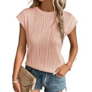 SHEWIN Basic Summer Tops Dressy Crewneck Short Sleeve Knit Tunic Shirts Tank Tee Blouse Textured Kinit Spring Tops Pink
