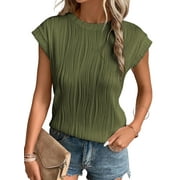 SHEWIN Basic Tops for Women Cap Sleeve Crewneck Textured Knit T Shirts Casual Loose Solid Ladies Blouses Spring Summer Green