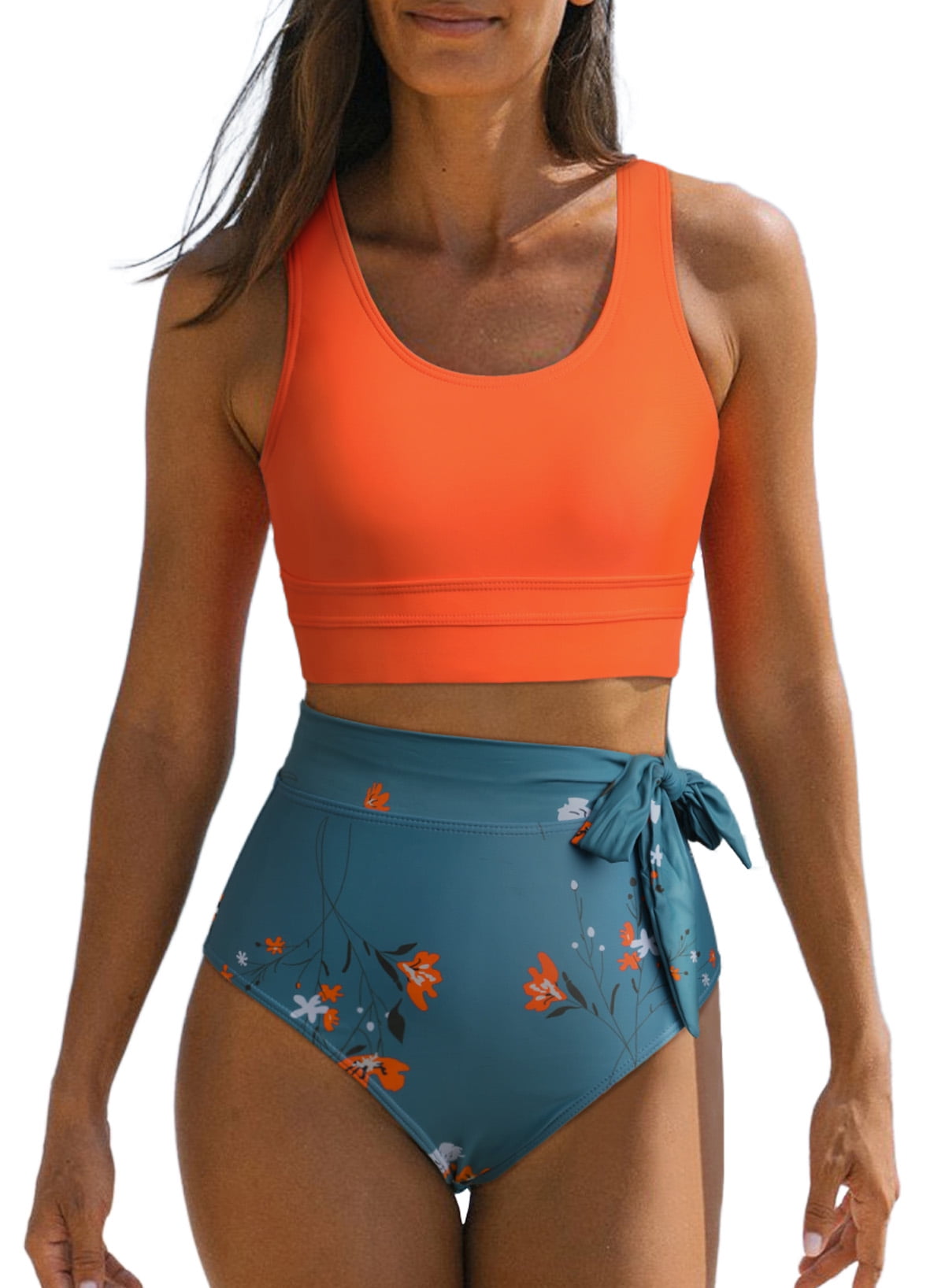 Bathing Suits for Women 2 Piece Bikini Set High Waisted Swimsuits Racerback Tops with Bikinis Bottom Orange US 12-14