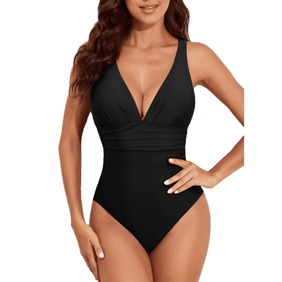 SHEWIN Bathing Suits for Women One Piece Tummy Control Swimsuits Sexy V Neck Cross Back High Waisted Racerback Athletic Monokini Swimwear Black XL
