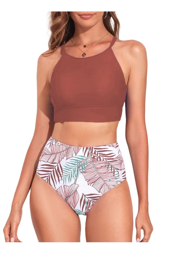 Bikini High Neck Tropical Leaf Print High Waisted, Swimsuit (Women's)