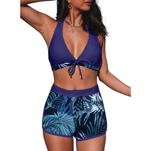SHEWIN Bikini Sets Women's Halter Bathing Suits Swimsuit Summer 2 Piece Sets Tropical Print Swimwear Navy Blue 2XL