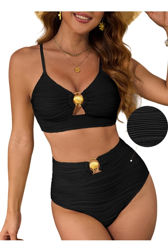 Bikinis Bathing Suits 2 Piece Sets Swimsuits for Women High Waist Bikini Texture Swimming Suits Cut Out Vacation Outfits Black L