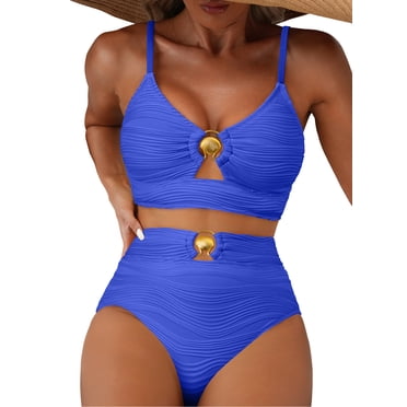 SHEWIN Swimsuit for Women 2 Piece Bathing Suits High Waist Bikini Sets Texture Swimming Suits Full Coverage Beach Essentials Blue M