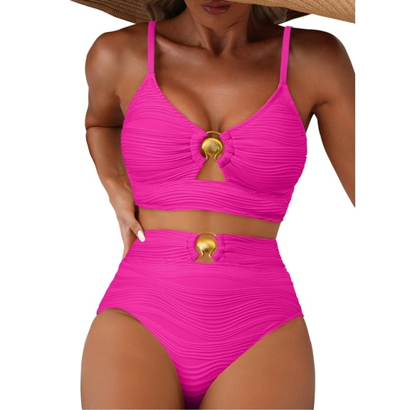 SHEWIN Swimsuit for Women 2 Piece Bathing Suits High Waist Bikini Sets Texture Swimming Suits Full Coverage Beach Essentials Rose XL