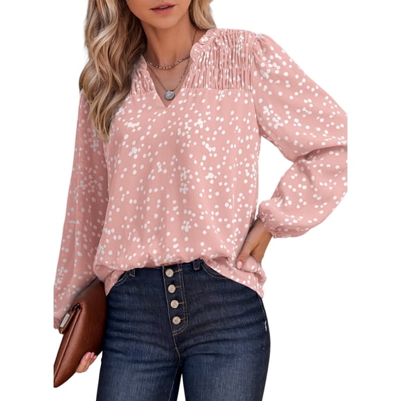 SHEWIN Blouses for Women Casual V Neck Long Sleeve Pleated Smocked Boho Floral Print Tunic Tops Business Dressy Top Shirts Pink M